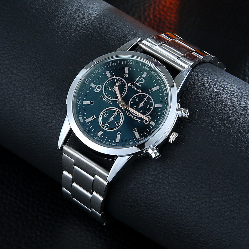 Men's Three-Eye Steel Watch – Blue Light Glass Dial