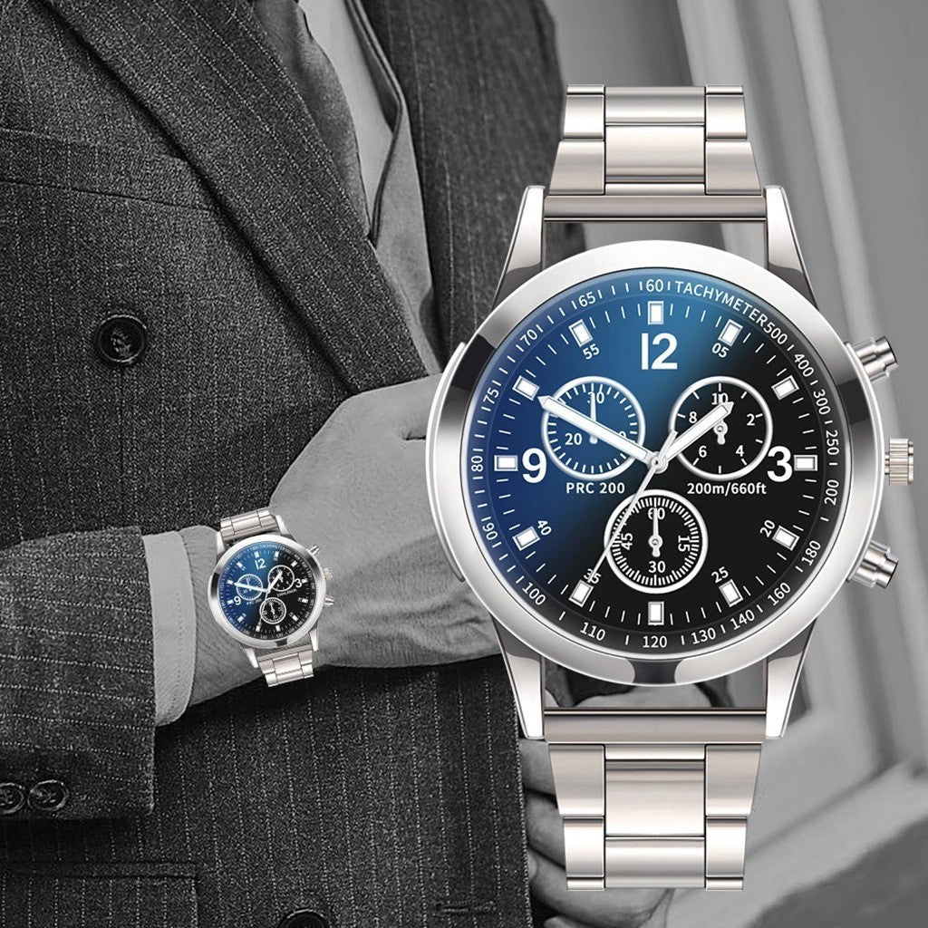 Men's Three-Eye Steel Watch – Blue Light Glass Dial