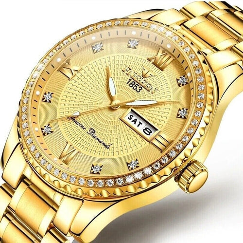Men's Gold Luxury Watch – Waterproof Quartz Analog with Diamond Dial