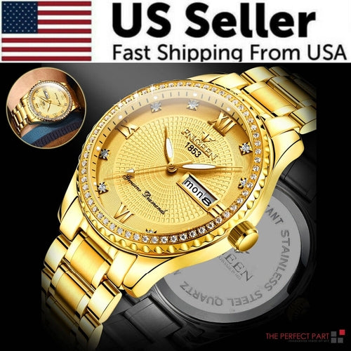 Men's Gold Luxury Watch – Waterproof Quartz Analog with Diamond Dial