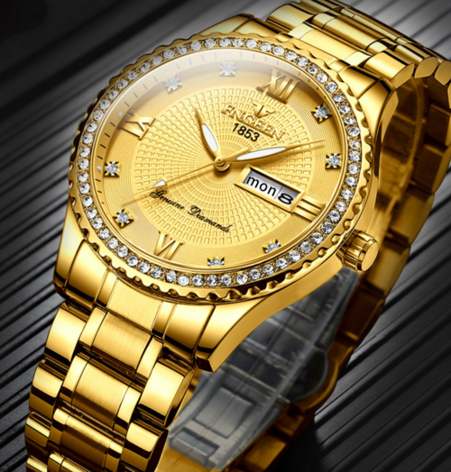 Men's Gold Luxury Watch – Waterproof Quartz Analog with Diamond Dial