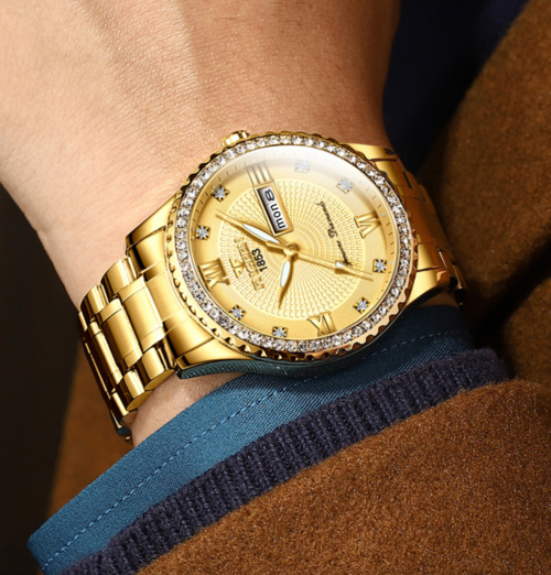 Men's Gold Luxury Watch – Waterproof Quartz Analog with Diamond Dial
