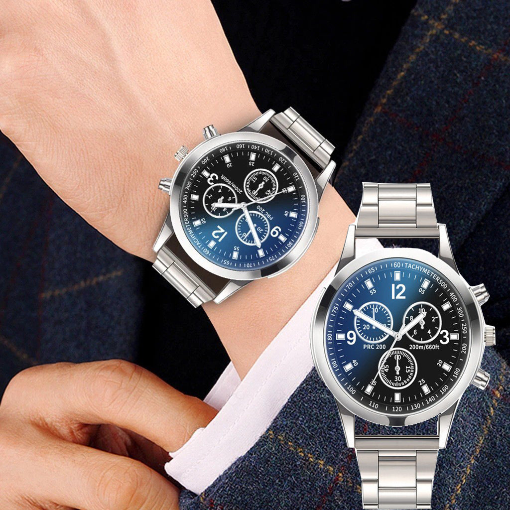 Men's Three-Eye Steel Watch – Blue Light Glass Dial