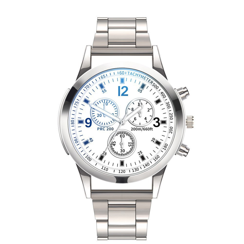 Men's Three-Eye Steel Watch – Blue Light Glass Dial