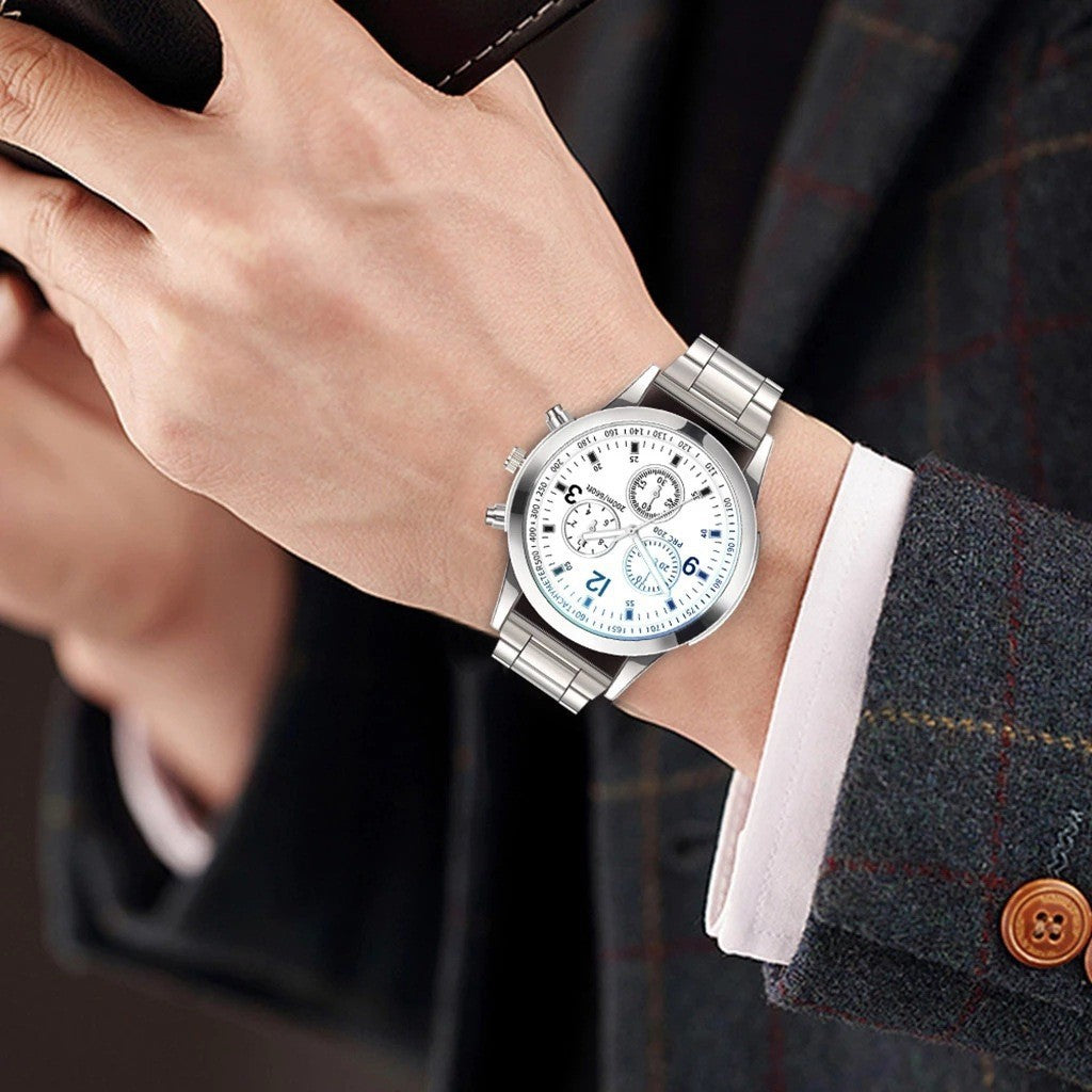 Men's Three-Eye Steel Watch – Blue Light Glass Dial