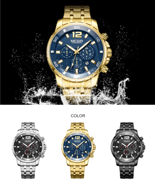 Men's Waterproof Stainless Steel Quartz Watch — Chronograph | Silver, Gold & Black