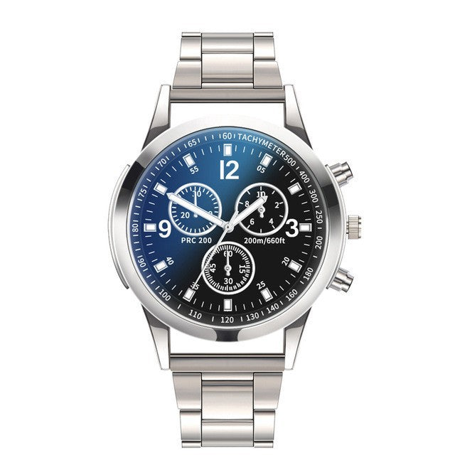 Men's Three-Eye Steel Watch – Blue Light Glass Dial